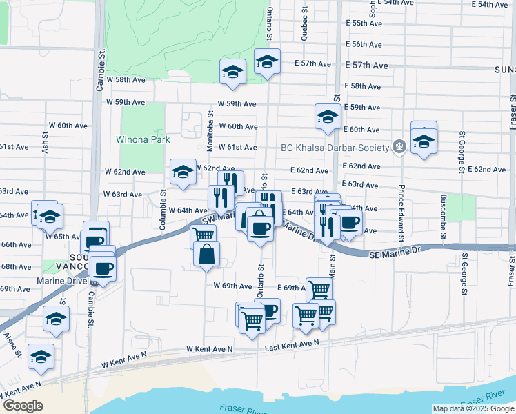 map of restaurants, bars, coffee shops, grocery stores, and more near 10 Southeast Marine Drive in Vancouver