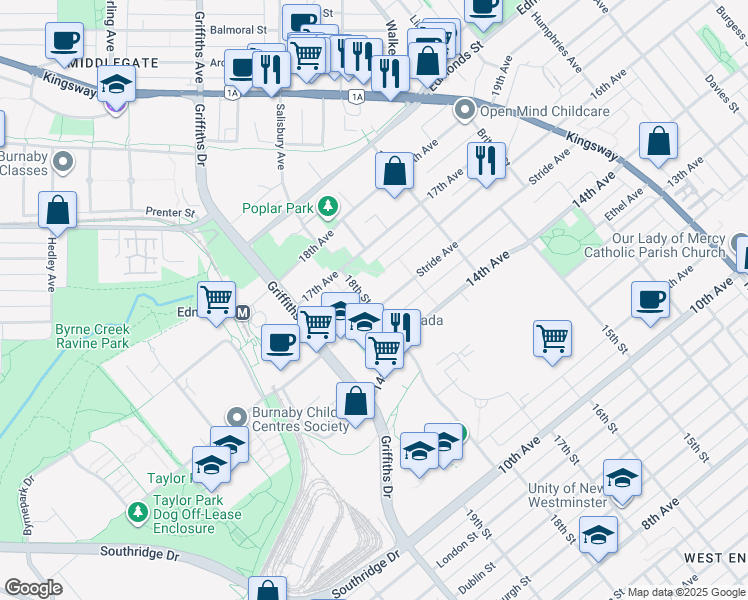 map of restaurants, bars, coffee shops, grocery stores, and more near 7520 18th Street in Burnaby
