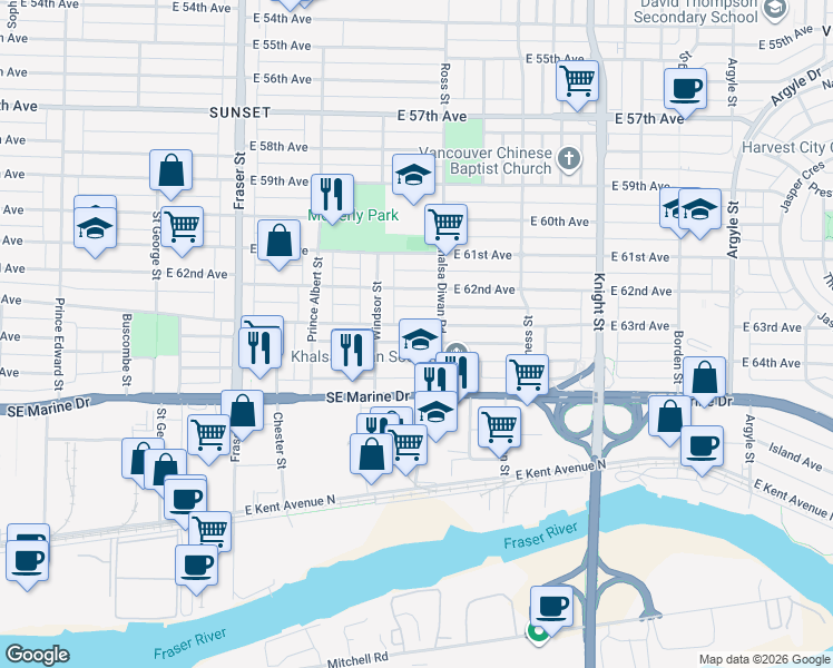 map of restaurants, bars, coffee shops, grocery stores, and more near 1066 East 63rd Avenue in Vancouver
