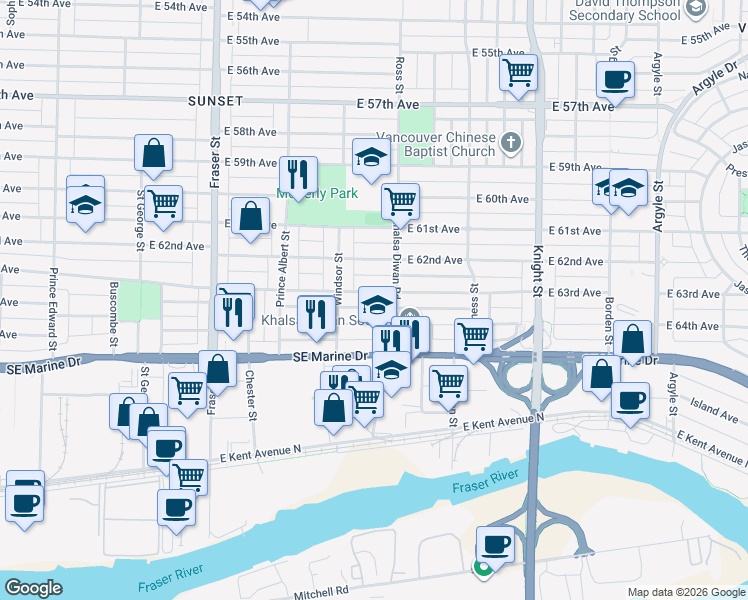 map of restaurants, bars, coffee shops, grocery stores, and more near 1066 East 63rd Avenue in Vancouver