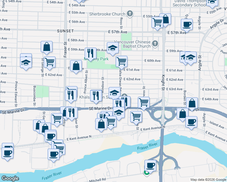 map of restaurants, bars, coffee shops, grocery stores, and more near 1066 East 63rd Avenue in Vancouver