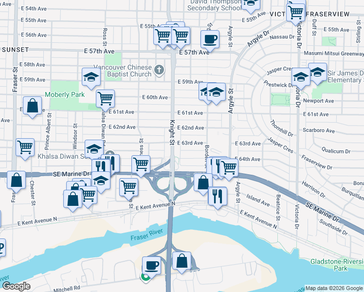 map of restaurants, bars, coffee shops, grocery stores, and more near 1412 East 63rd Avenue in Vancouver