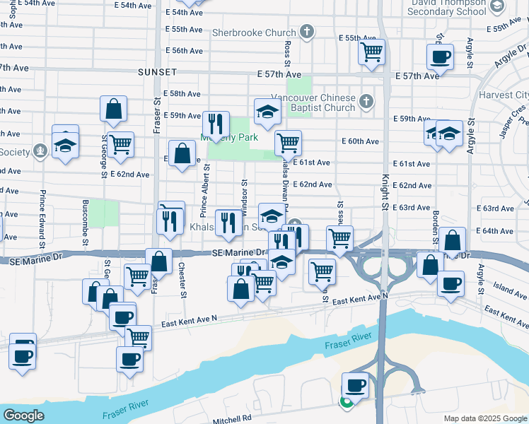 map of restaurants, bars, coffee shops, grocery stores, and more near 1058 East 63rd Avenue in Vancouver