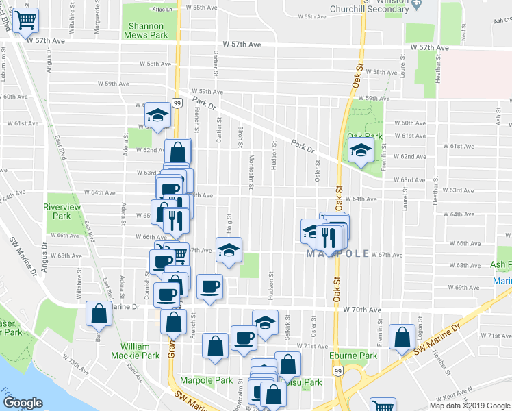 map of restaurants, bars, coffee shops, grocery stores, and more near 8038 Montcalm Street in Vancouver
