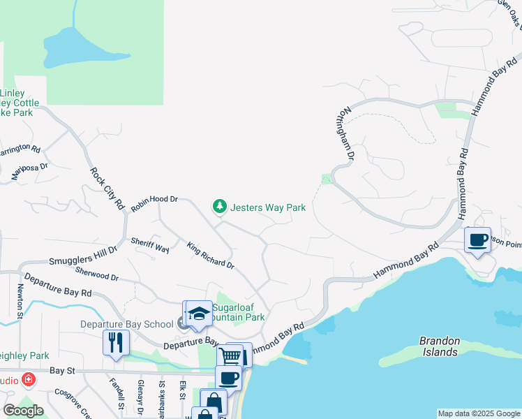 map of restaurants, bars, coffee shops, grocery stores, and more near 132 Sir Lancelot Place in Nanaimo