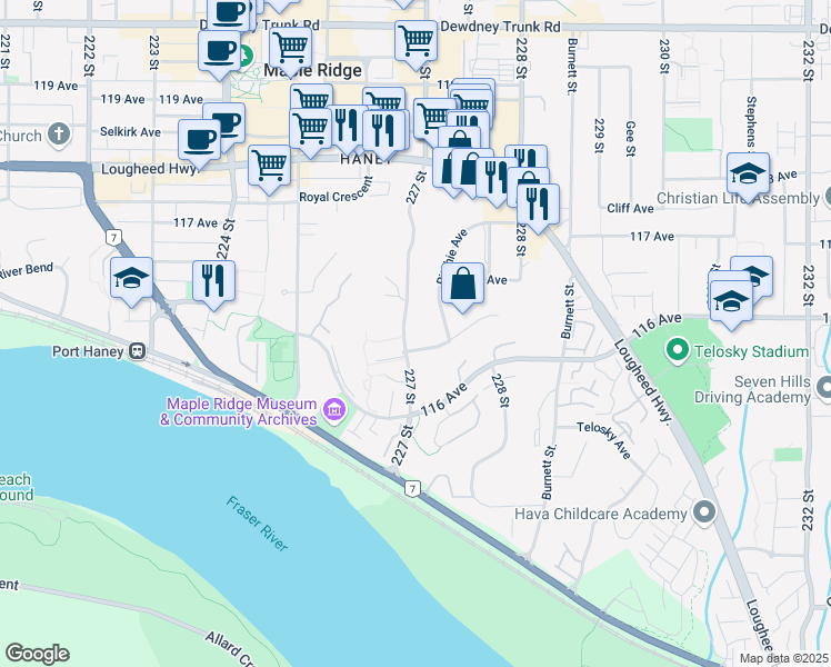 map of restaurants, bars, coffee shops, grocery stores, and more near 22703 Holyrood Avenue in Maple Ridge
