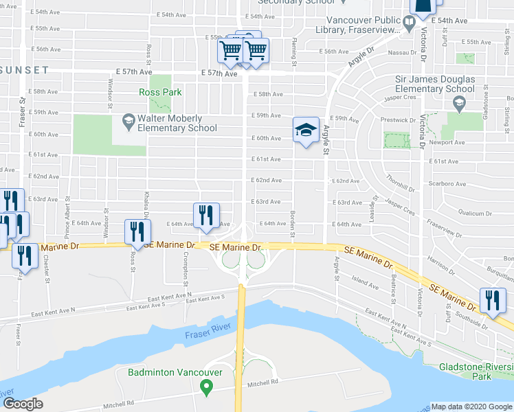 map of restaurants, bars, coffee shops, grocery stores, and more near in Vancouver