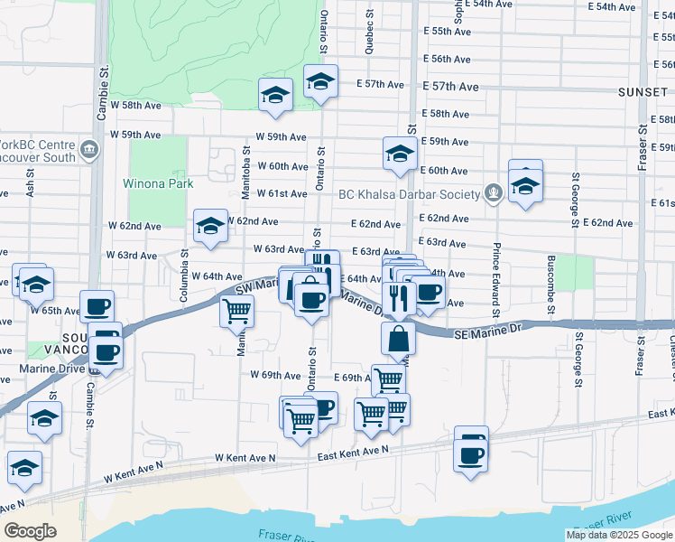 map of restaurants, bars, coffee shops, grocery stores, and more near 60 East 64th Avenue in Vancouver