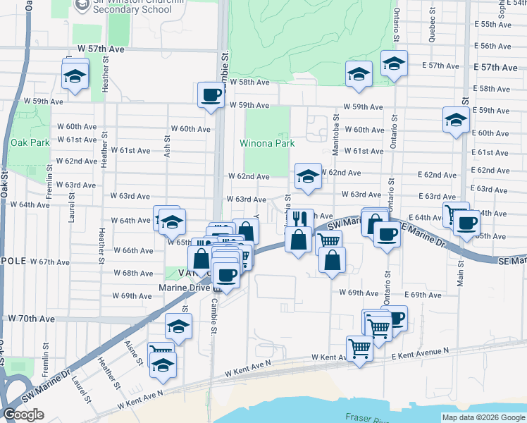 map of restaurants, bars, coffee shops, grocery stores, and more near 388 West 64th Avenue in Vancouver