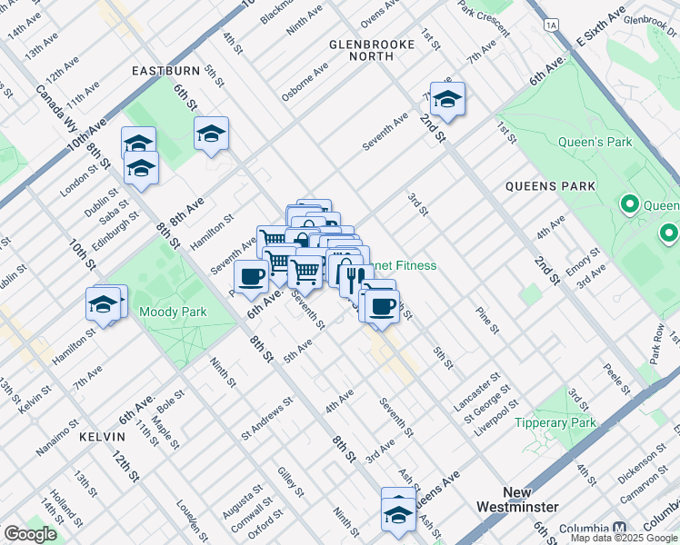 map of restaurants, bars, coffee shops, grocery stores, and more near 514 6th Street in New Westminster