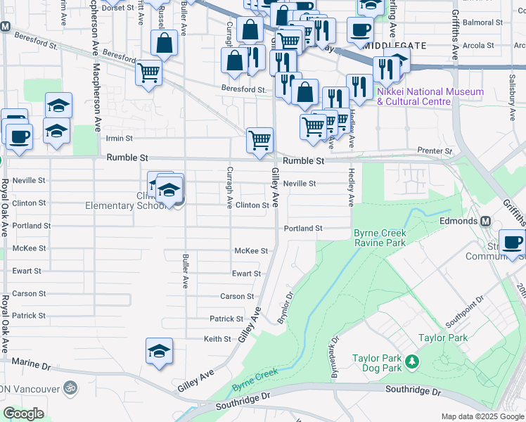 map of restaurants, bars, coffee shops, grocery stores, and more near 6250 Clinton Street in Burnaby
