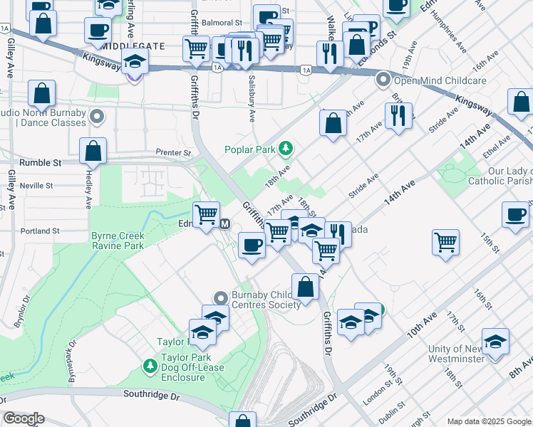 map of restaurants, bars, coffee shops, grocery stores, and more near 7011 17th Avenue in Burnaby