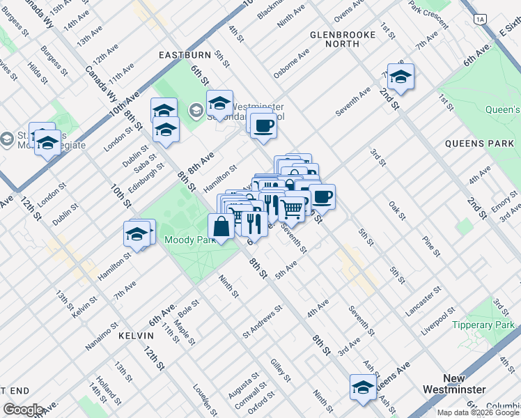 map of restaurants, bars, coffee shops, grocery stores, and more near 728 Princess Street in New Westminster