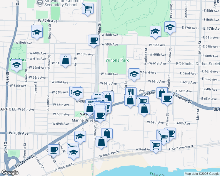 map of restaurants, bars, coffee shops, grocery stores, and more near 7923 Yukon Street in Vancouver