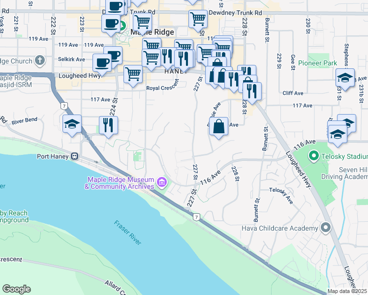 map of restaurants, bars, coffee shops, grocery stores, and more near 11639 227 Street in Maple Ridge