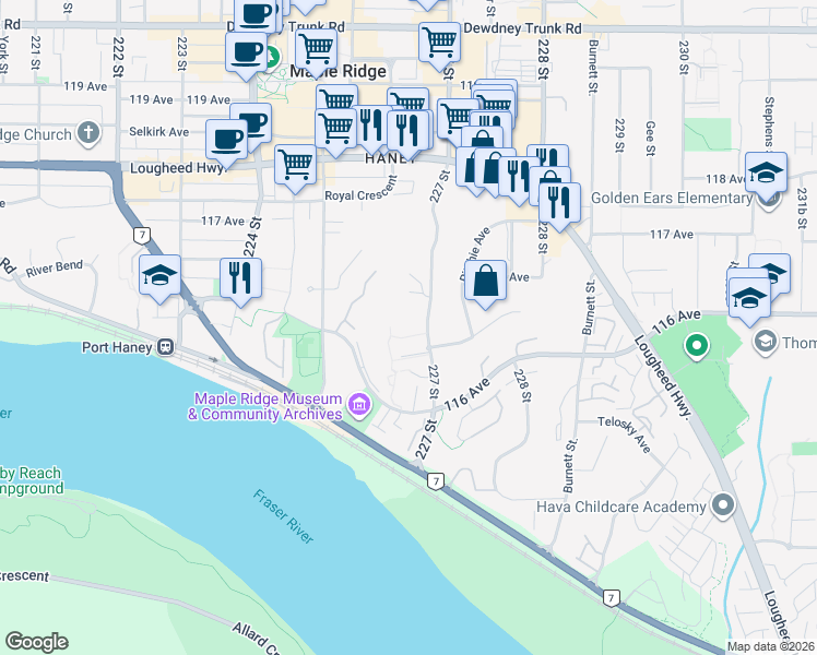 map of restaurants, bars, coffee shops, grocery stores, and more near 22703 Holyrood Avenue in Maple Ridge