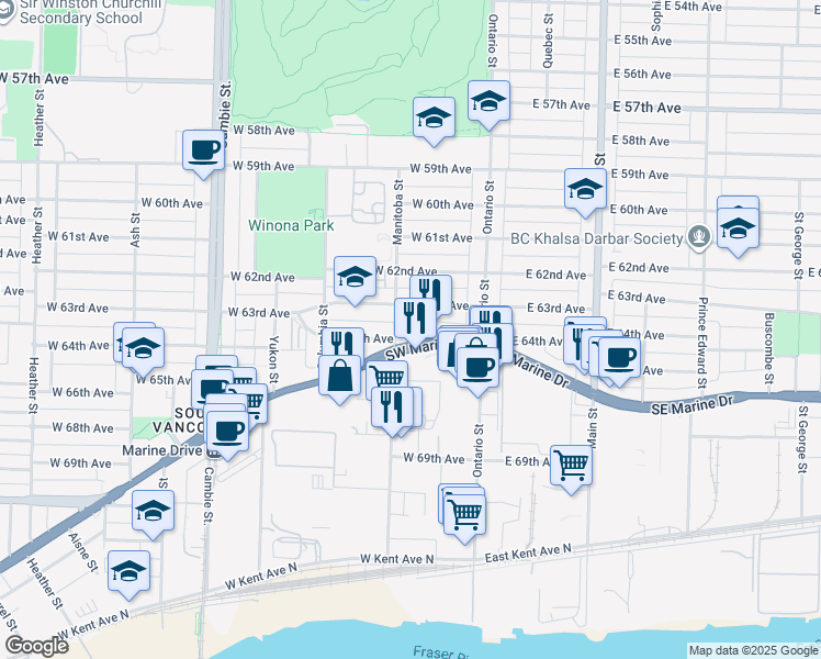 map of restaurants, bars, coffee shops, grocery stores, and more near 165 Southwest Marine Drive in Vancouver