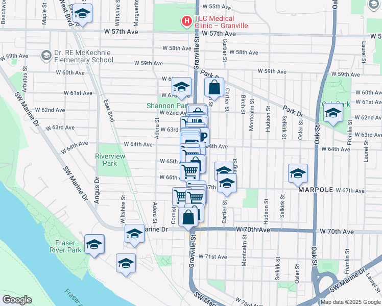 map of restaurants, bars, coffee shops, grocery stores, and more near in Vancouver