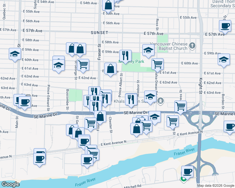 map of restaurants, bars, coffee shops, grocery stores, and more near 788 East 63rd Avenue in Vancouver