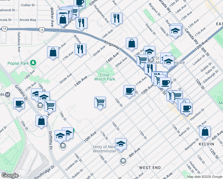 map of restaurants, bars, coffee shops, grocery stores, and more near 7271 12th Avenue in Burnaby