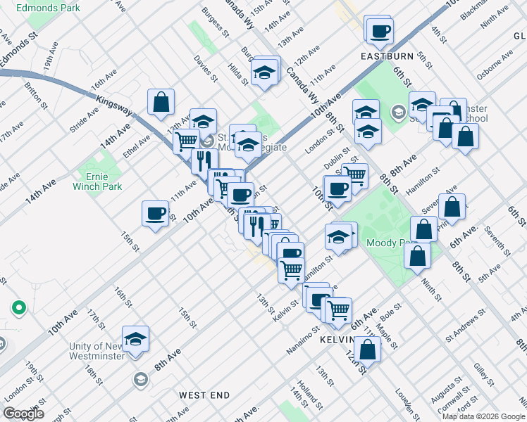 map of restaurants, bars, coffee shops, grocery stores, and more near 1111 Dublin Street in New Westminster
