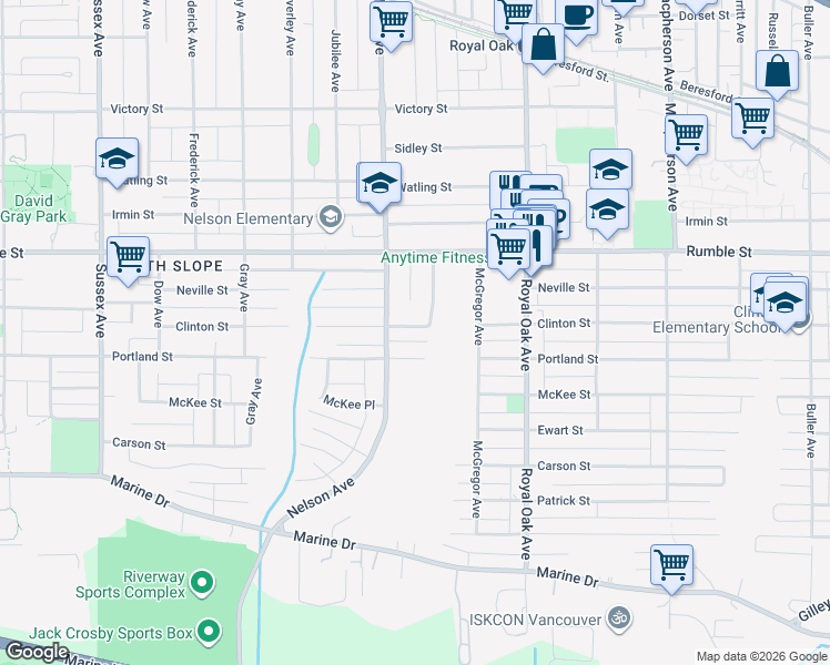 map of restaurants, bars, coffee shops, grocery stores, and more near 4968 Clinton Street in Burnaby