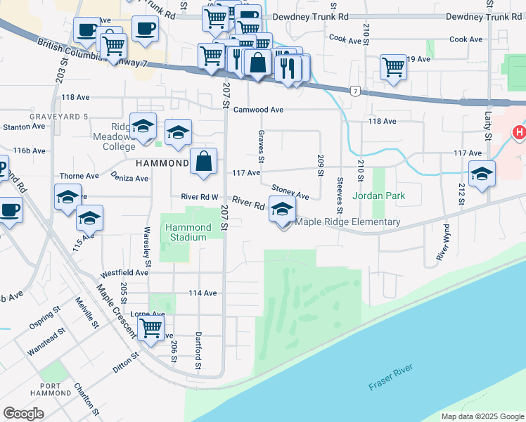 map of restaurants, bars, coffee shops, grocery stores, and more near 20804 Stoney Avenue in Maple Ridge