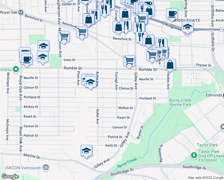 map of restaurants, bars, coffee shops, grocery stores, and more near 6060 Clinton Street in Burnaby