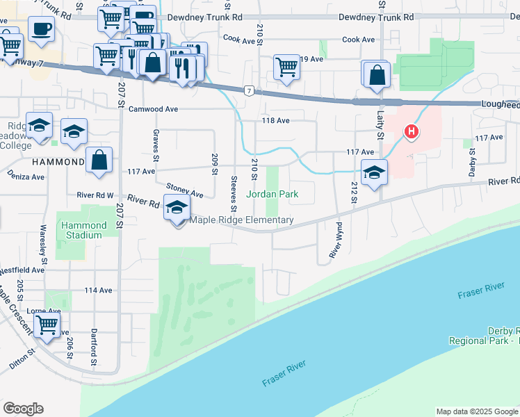 map of restaurants, bars, coffee shops, grocery stores, and more near 11620 210 Street in Maple Ridge