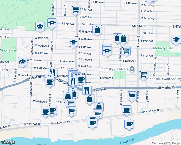 map of restaurants, bars, coffee shops, grocery stores, and more near 331 East 64th Avenue in Vancouver