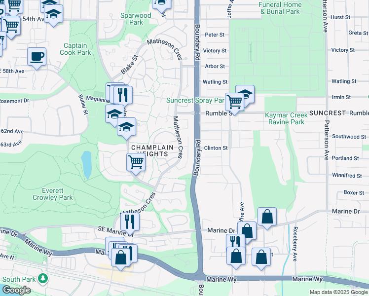 map of restaurants, bars, coffee shops, grocery stores, and more near 7847 Marchwood Place in Vancouver