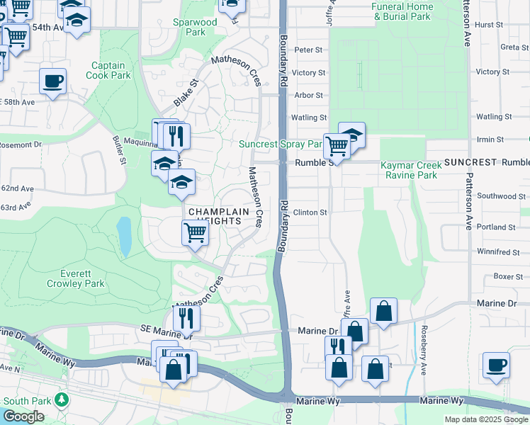 map of restaurants, bars, coffee shops, grocery stores, and more near 7847 Marchwood Place in Vancouver