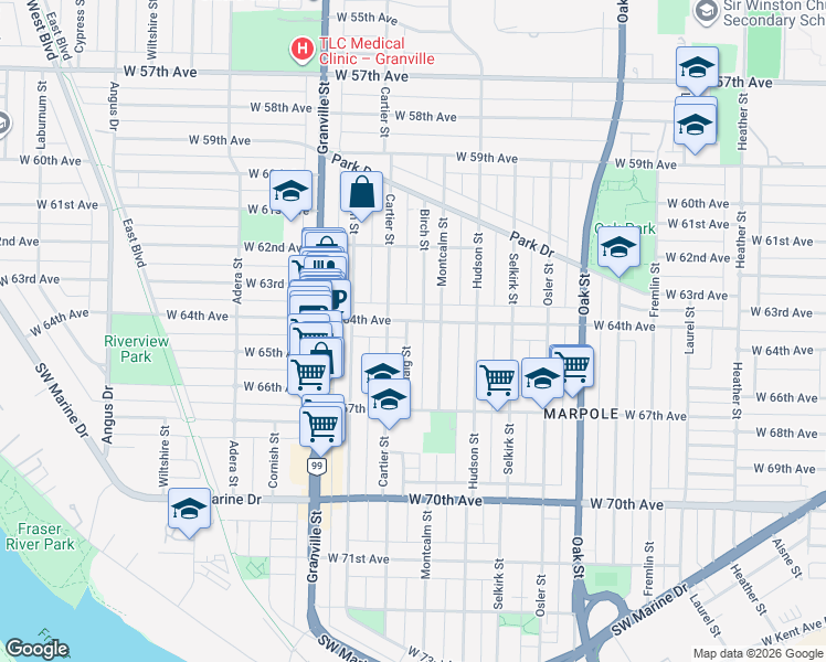 map of restaurants, bars, coffee shops, grocery stores, and more near 8018 Haig Street in Vancouver