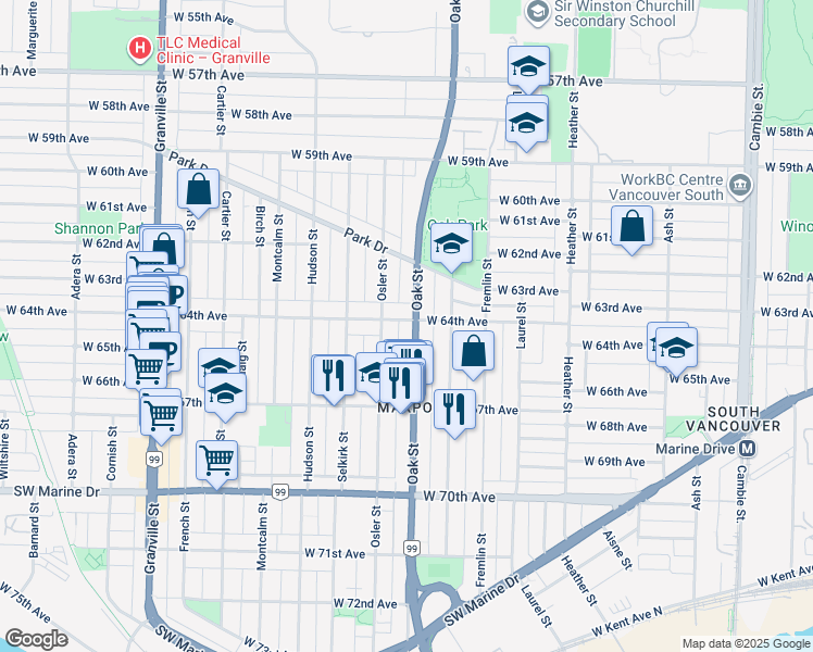 map of restaurants, bars, coffee shops, grocery stores, and more near 1010 West 64th Avenue in Vancouver