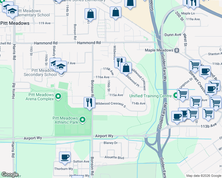 map of restaurants, bars, coffee shops, grocery stores, and more near 11570 196B Street in Pitt Meadows