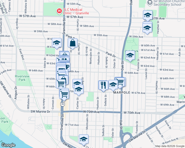 map of restaurants, bars, coffee shops, grocery stores, and more near 8008 Montcalm Street in Vancouver