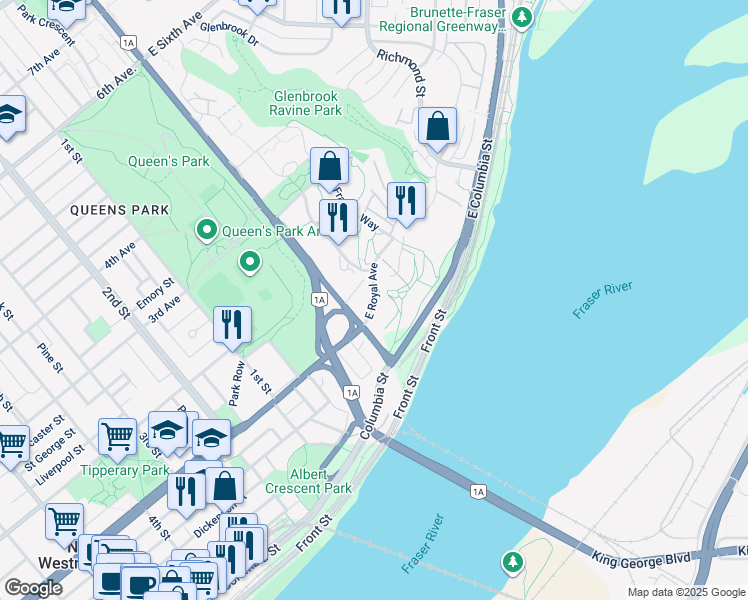 map of restaurants, bars, coffee shops, grocery stores, and more near 15 East Royal Avenue in New Westminster