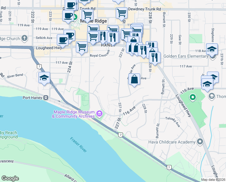 map of restaurants, bars, coffee shops, grocery stores, and more near 11641 227 Street in Maple Ridge