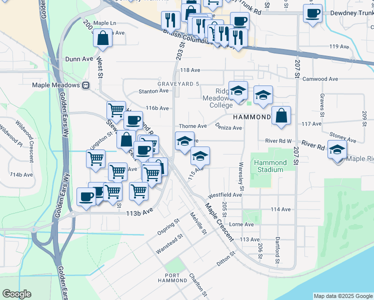map of restaurants, bars, coffee shops, grocery stores, and more near 11570 203 Street in Maple Ridge
