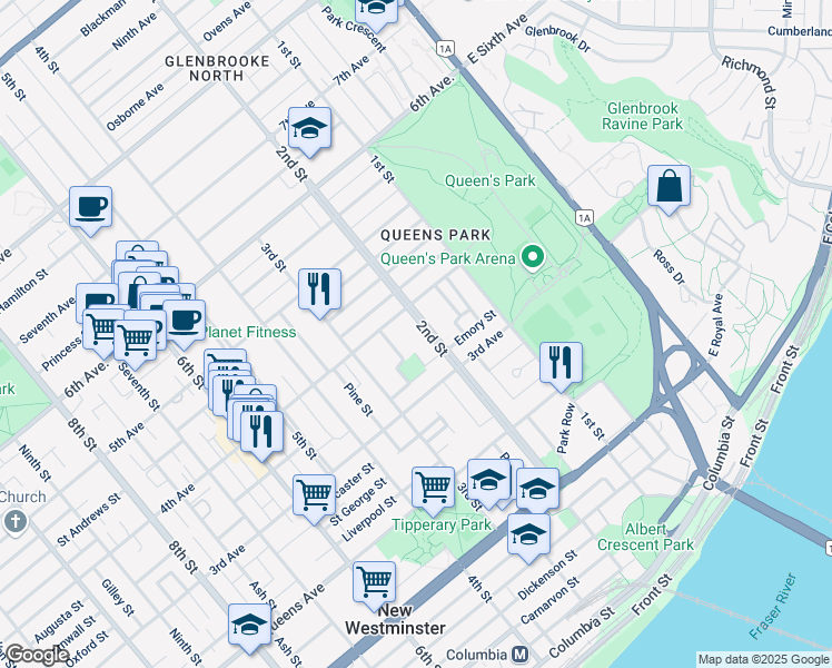 map of restaurants, bars, coffee shops, grocery stores, and more near 328 2nd Street in New Westminster