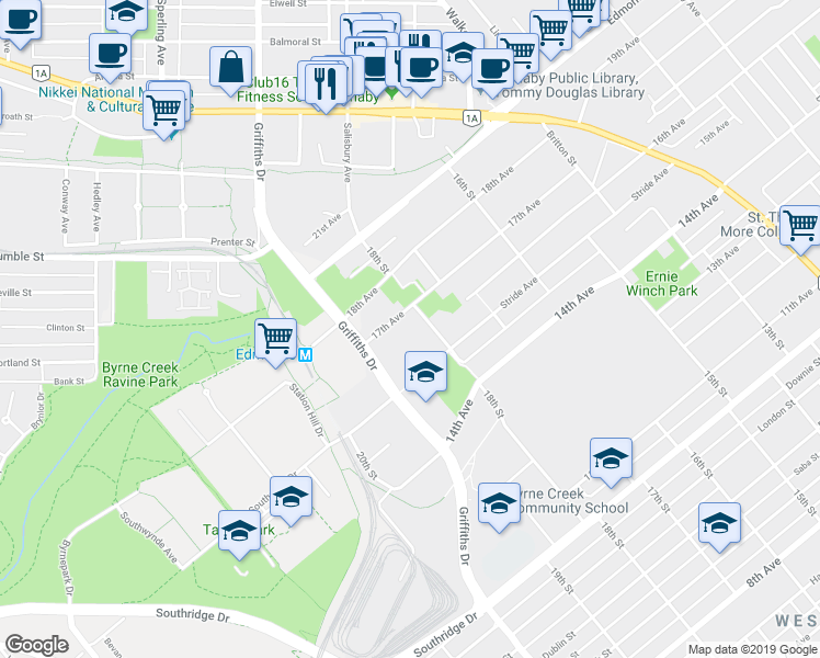 map of restaurants, bars, coffee shops, grocery stores, and more near 7090 17th Avenue in Burnaby