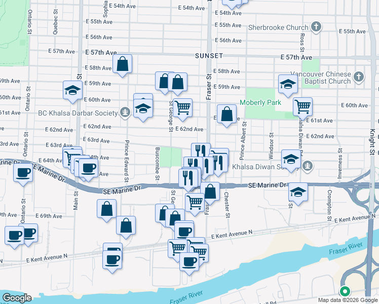 map of restaurants, bars, coffee shops, grocery stores, and more near 636 East 63rd Avenue in Vancouver