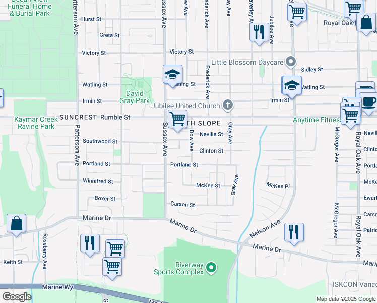 map of restaurants, bars, coffee shops, grocery stores, and more near 7789 Dow Avenue in Burnaby