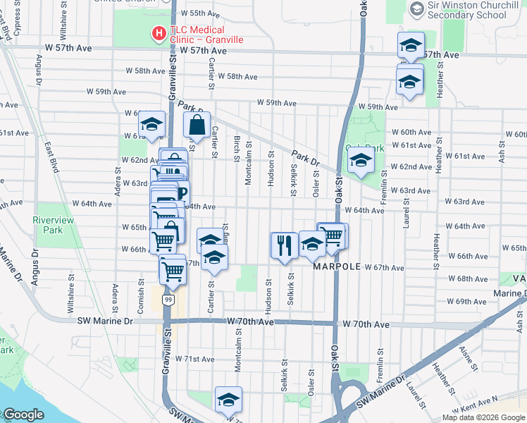 map of restaurants, bars, coffee shops, grocery stores, and more near 8011 Hudson Street in Vancouver