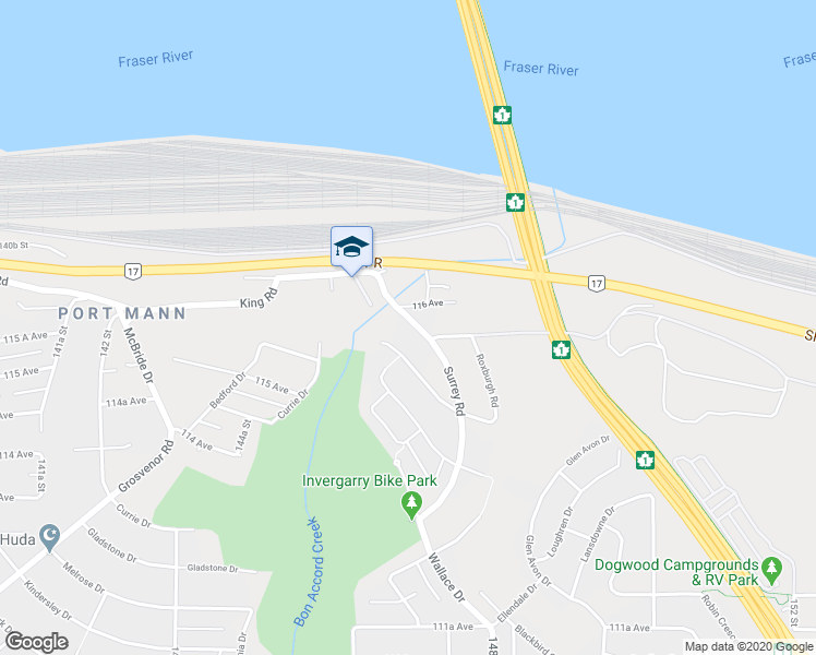 map of restaurants, bars, coffee shops, grocery stores, and more near 11579 Surrey Road in Surrey