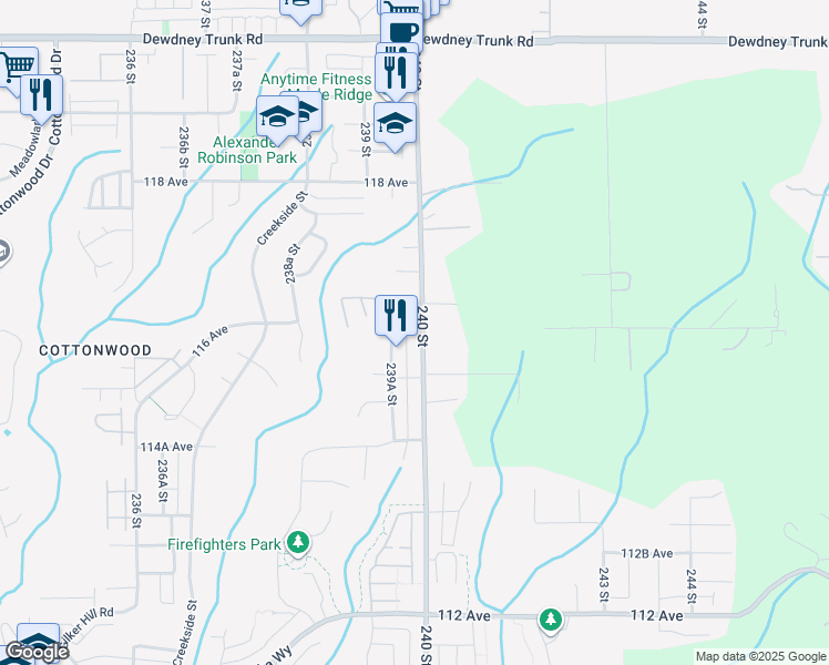map of restaurants, bars, coffee shops, grocery stores, and more near 11597 240 Street in Maple Ridge
