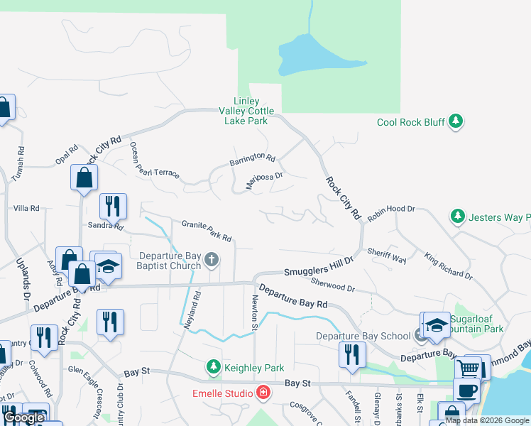 map of restaurants, bars, coffee shops, grocery stores, and more near Edgewood Drive & Stoney Ridge in Nanaimo