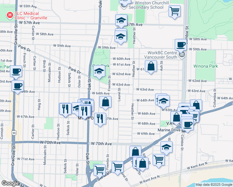 map of restaurants, bars, coffee shops, grocery stores, and more near 858 West 64th Avenue in Vancouver