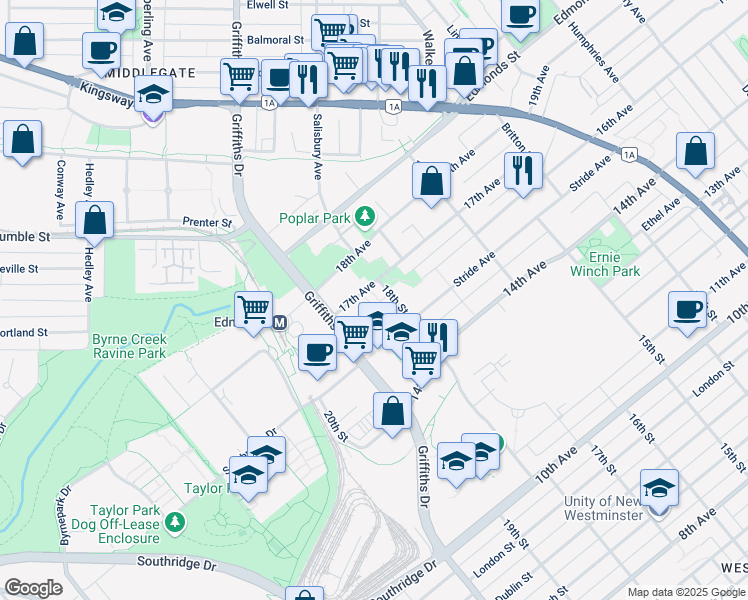 map of restaurants, bars, coffee shops, grocery stores, and more near 7088 17th Avenue in Burnaby