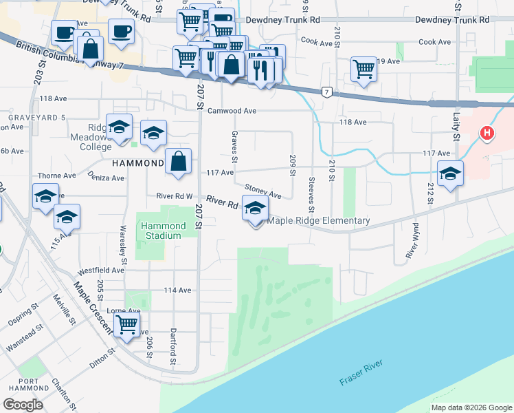 map of restaurants, bars, coffee shops, grocery stores, and more near 20823 River Road in Maple Ridge